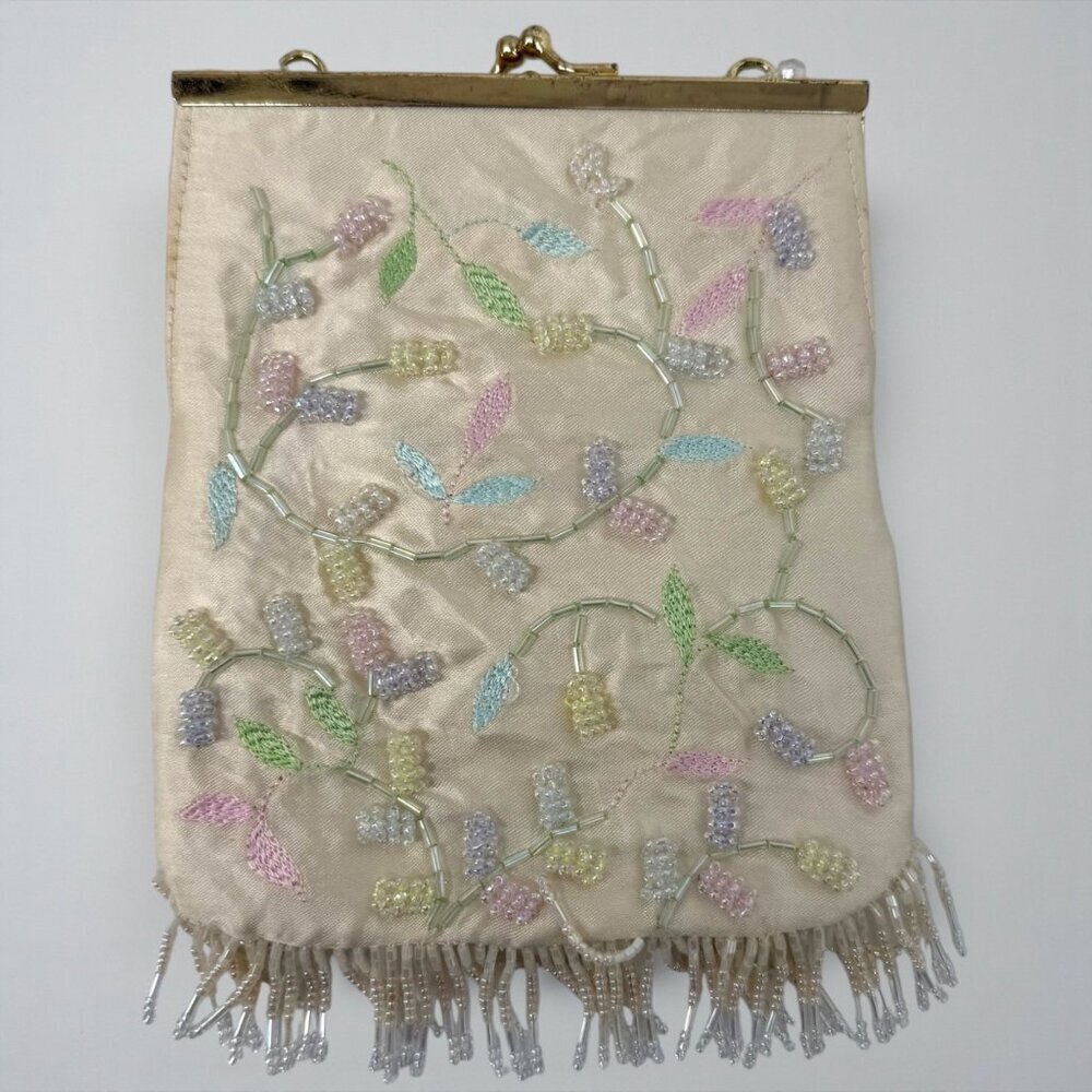 La Regale Ivory Pastel Floral Beaded Bridal Clutch Purse Fringe Evening Bag